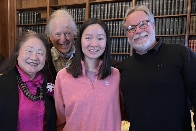 Doris Shimabukuro, Trustee Charles R. Trimble, scholarship recipient Hannah Chen, and Rob Manning (BS ’82)